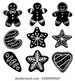 Black and white gingerbread cookies on a white background