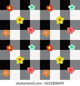 Gingham preto e branco com flores 