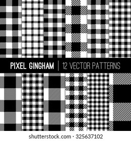 Black and White Gingham Patterns and Buffalo Check Plaid Patterns. Modern Pixel Gingham Patterns of Different Styles. Vector EPS File Pattern Swatches made with Global Colors.