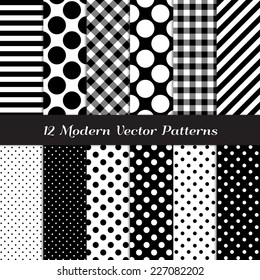 Black and White Gingham, Polka Dot and Candy Stripes Patterns. Modern Geometric Backgrounds. Vector Pattern Swatches made with Global Colors.