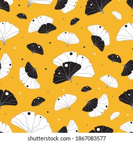 Black and white gingko leaf pattern on green background. Vector seamless structure. For textile, bed linen, cosmetics, wrapping paper.