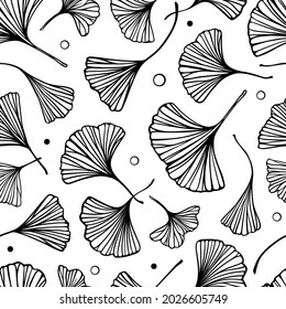 Black and white ginkgo leaves seamless pattern