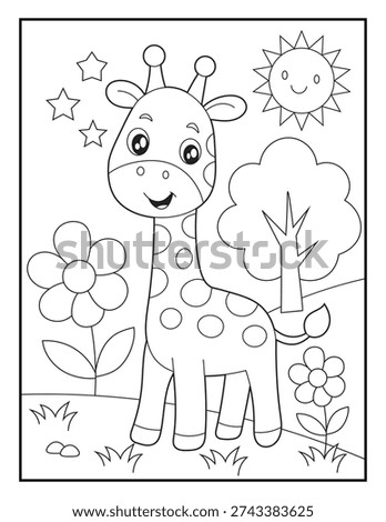 Black and White Giraffe Coloring Page for Kids. Cute, Hand-Drawn, Printable Activity Sheet with Cartoon Characters.	