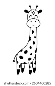 Black and white giraffe isolated doodle. Jungle, safari, tropical animal hand drawn vector illustration in flat style