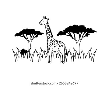 Ilustração de Vetor de Girafa em Preto e Branco na Configuração de Savana