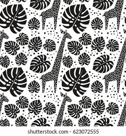 Black and white giraffes and palm leaves seamless pattern. Jungle animal with tropical plants print. Fashion safari design for textile, wallpaper, fabric.