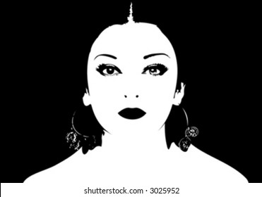 Black And White Girl Face. Vector Illustration. No Meshes