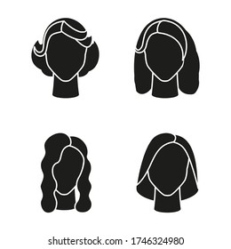 Black and white girl hairstyle silhouette set. Women avatar with different hair designs. 
