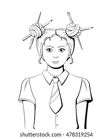 Black and white girl. Illustration Coloring Schoolgirl