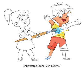 Black and white girl paints the boy in all colors with a big magic brush. Concept drawing for a coloring book. Colorful cartoon characters. Funny vector illustration. Isolated on white background