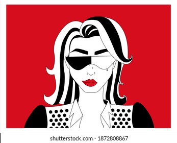 Black And White Girl With Red Lips, Smirk Face Portrait Picture With Red Background And White Broader.