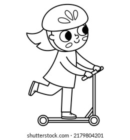 Black And White Girl Riding A Scooter In Helmet Icon. Cute Line Eco Friendly Kid. Child Using Alternative Transport. Earth Day Or Healthy Lifestyle Concept Or Coloring Page
