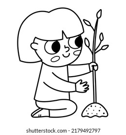 Black and white girl seeding plant icon. Cute line eco friendly kid. Child planting a tree. Earth day or healthy lifestyle concept or coloring page
