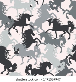 Black and white girls pattern with horses. Monochrome colors. pattern for girls.Creative  background for textile, prints, paper products, the Web. 