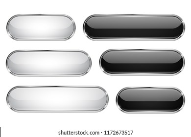 Black And White Glass 3d Buttons. Oval Icons Set With Thin Metal Frame. Vector Illustration Isolated On White Background