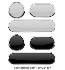 Black and white glass buttons. Set of round and oval 3d icons with chrome frame. Vector illustration isolated on white background