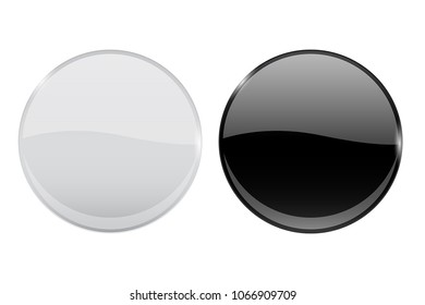 Black and white glass buttons. Web round 3d icons. Vector illustration isolated on white background