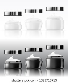 Black And White Glass Cream Jar Set. Skin Care Product Package. EPS10 Vector