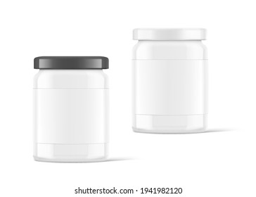 Black and white glass jar mockup isolated on white background. Vector illustration. Front view. Сan be used for food, cosmetic and other needs. EPS10