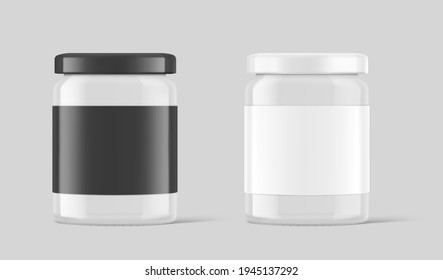 Black and white glass jar mockup isolated on gray background. Vector illustration. Front view. Сan be used for food, cosmetic and other needs. EPS10	