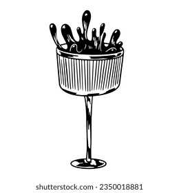 Black and white glass of spilled cocktail isolated in white background. Splash drink. Sketch style glass of alcohol drink. Beverage drawing with hatching