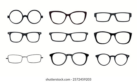 Black and white Glasses frames. Vector Isolated Set of Different Glasses Frames