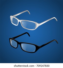 Black and white glasses - modern vector realistic isolated object illustration on gradient blue background. Use this high quality clip art for presentations, banners and flyers. Stylish spectacles