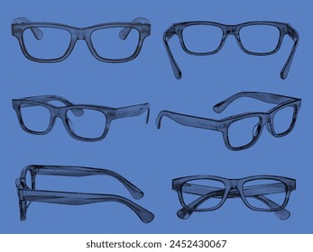 Black and white glasses in various angle. Vector halftone objects illustration