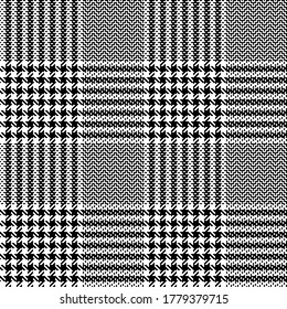 Black white glen check plaid pattern. Seamless fashion plaid vector for dress, jacket, coat, or other modern spring and autumn tweed fabric design.