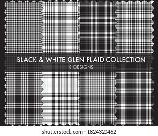 Black and White Glen Plaid Tartan seamless pattern collection includes 8 designs for fashion textiles and graphics