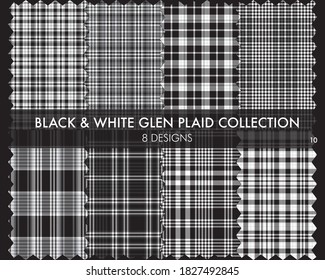 Black and White Glen Plaid Tartan seamless pattern collection includes 8 designs for fashion textiles and graphics