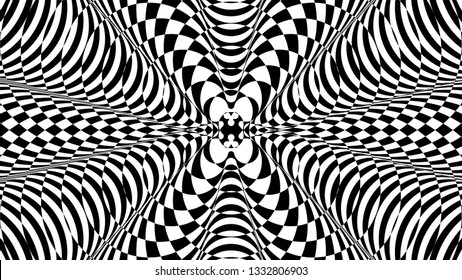 Black and white glitch background. Hypnotic trance texture. Op art monochrome kaleidoscope. Psychedelic illusive abstraction.
