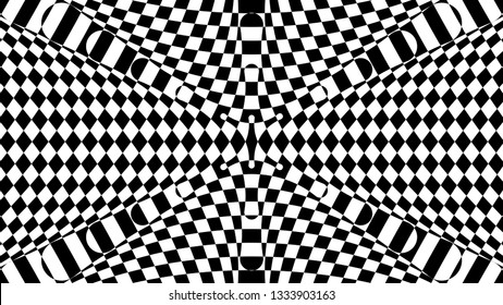 Black and white glitch background. Hypnotic trance texture. Op art monochrome kaleidoscope. Psychedelic illusive abstraction.