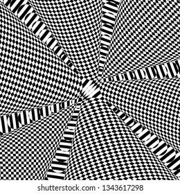 Black and white glitch background. Hypnotic trance texture. Op art monochrome kaleidoscope. Psychedelic illusive abstraction.