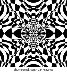 Black and white glitch background. Hypnotic trance texture. Op art monochrome kaleidoscope. Psychedelic illusive abstraction.