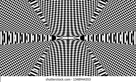 Black and white glitch background. Hypnotic trance texture. Op art monochrome kaleidoscope. Psychedelic illusive abstraction.