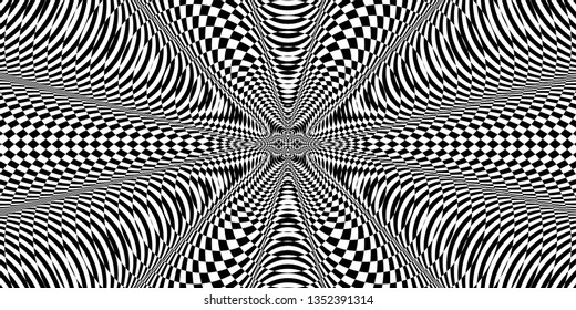 Black and white glitch background. Hypnotic trance texture. Op art monochrome kaleidoscope. Psychedelic illusive abstraction.