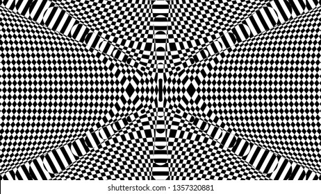 Black and white glitch background. Hypnotic trance texture. Op art monochrome kaleidoscope. Psychedelic illusive abstraction.