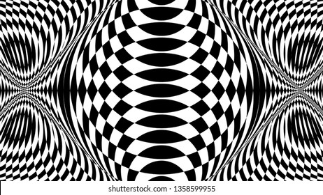 Black and white glitch background. Hypnotic trance texture. Op art monochrome kaleidoscope. Psychedelic illusive abstraction.