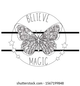 black and white glitter butterfly star line text girl tee illustration art vector