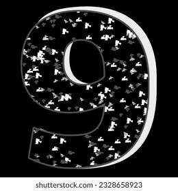 Black and white glitter pattern 9 number 3D on black background.