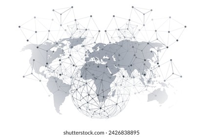 Black and White Global Networks Concept with World Map and Wire Frame - Digital Polygonal Network Connections, Science and Technology Background, Creative Design Template Isolated on White Background