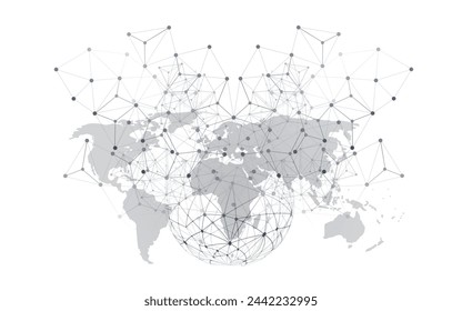 Concepto de redes globales en blanco y negro con mapa del mundo y marco de alambre - Conexiones de red poligonales digitales, fondo de ciencia y tecnología, plantilla de diseño creativo aislado sobre fondo blanco