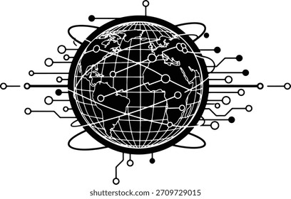 Black and white globe with digital network connections and circular nodes earth world