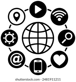 Black and white globe icon surrounded by social media icons