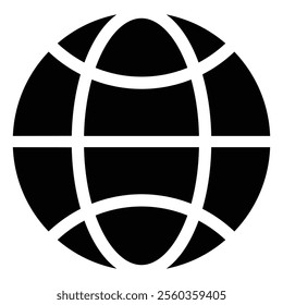Black and white globe icon symbolizes global connectivity and exploration. Its minimalist design makes it versatile for educational materials and digital platforms.