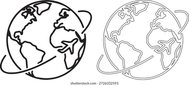 Iconos blancos y negros del globo con el anillo alrededor, uno sólido y uno delineado, en un fondo blanco puro
