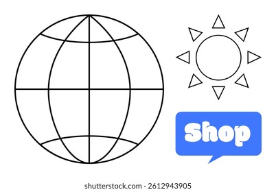 Black and white globe with lines next to a sun drawn with simple triangles, accompanied by a blue speech bubble containing the word shop in white. Ideal for international commerce, e-commerce, global