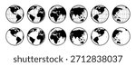 Black and White Globe Set with Continents – World Map Spheres in Multiple Hemisphere Views and Grid Line Projections – Vector Illustration