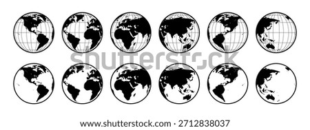 Black and White Globe Set with Continents – World Map Spheres in Multiple Hemisphere Views and Grid Line Projections – Vector Illustration
